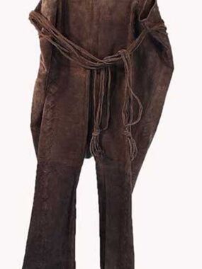 SUEDE PANTS, DARK BROWN, PLUS 26, FRONT "X" LACING, LONG SUEDE MULTI-STRAND BELT